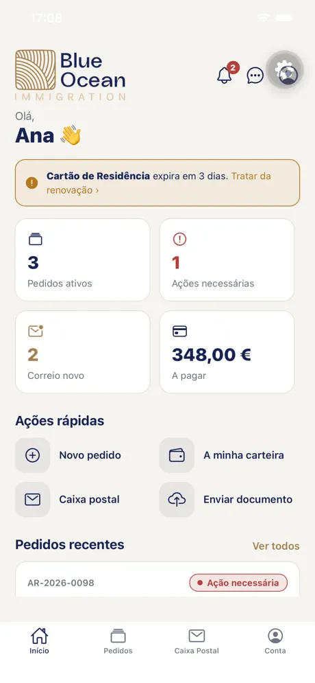 Blue Ocean app home screen showing a client's immigration cases